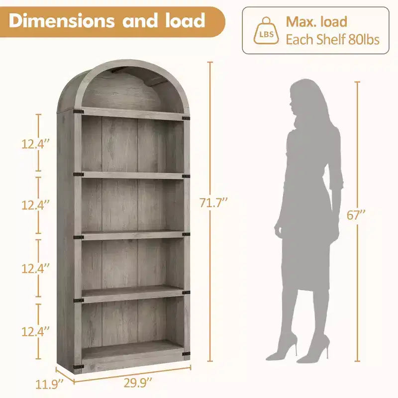 71.65 Bibliothèque avec portes Bibliothèque cintrée Bibliothèque haute Meuble de style rustique avec étagères Bibliothèques en bois pour bureau à domicile, salon