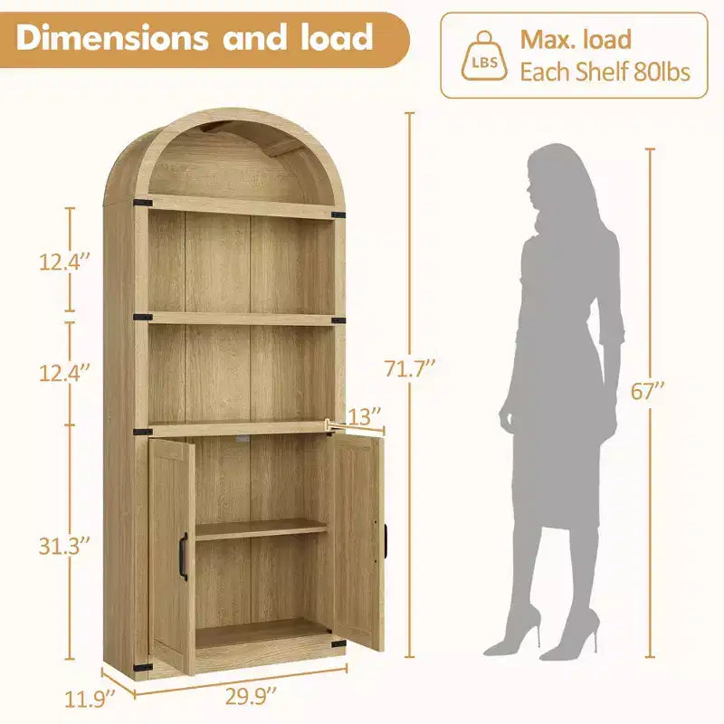 71.65 Bibliothèque avec portes Bibliothèque cintrée Bibliothèque haute Meuble de style rustique avec étagères Bibliothèques en bois pour bureau à domicile, salon