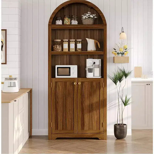 Acekool Tall Wood Arch-Top Storage Cabinet, 5-Shelf Bookcase with Doors, Adjustable Pantry Cupboard for Living Room Kitchen