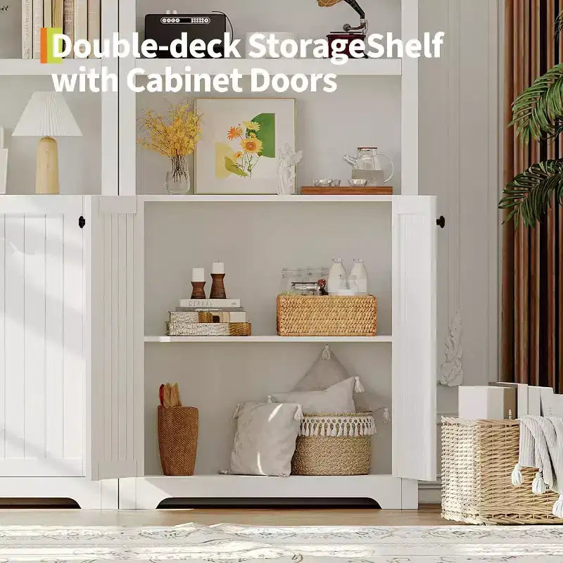 Acekool Armoire haute en bois à dessus cintré, bibliothèque à 5 étagères avec portes, buffet de rangement réglable pour salon et cuisine