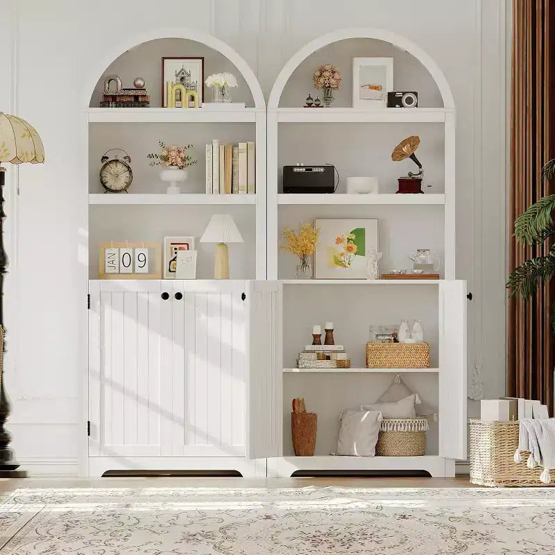 Acekool Armoire haute en bois à dessus cintré, bibliothèque à 5 étagères avec portes, buffet de rangement réglable pour salon et cuisine