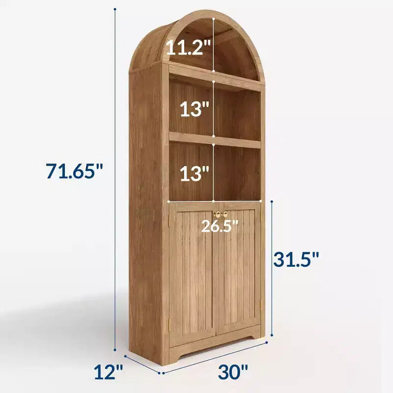 Acekool Armoire haute en bois à dessus cintré, bibliothèque à 5 étagères avec portes, buffet de rangement réglable pour salon et cuisine