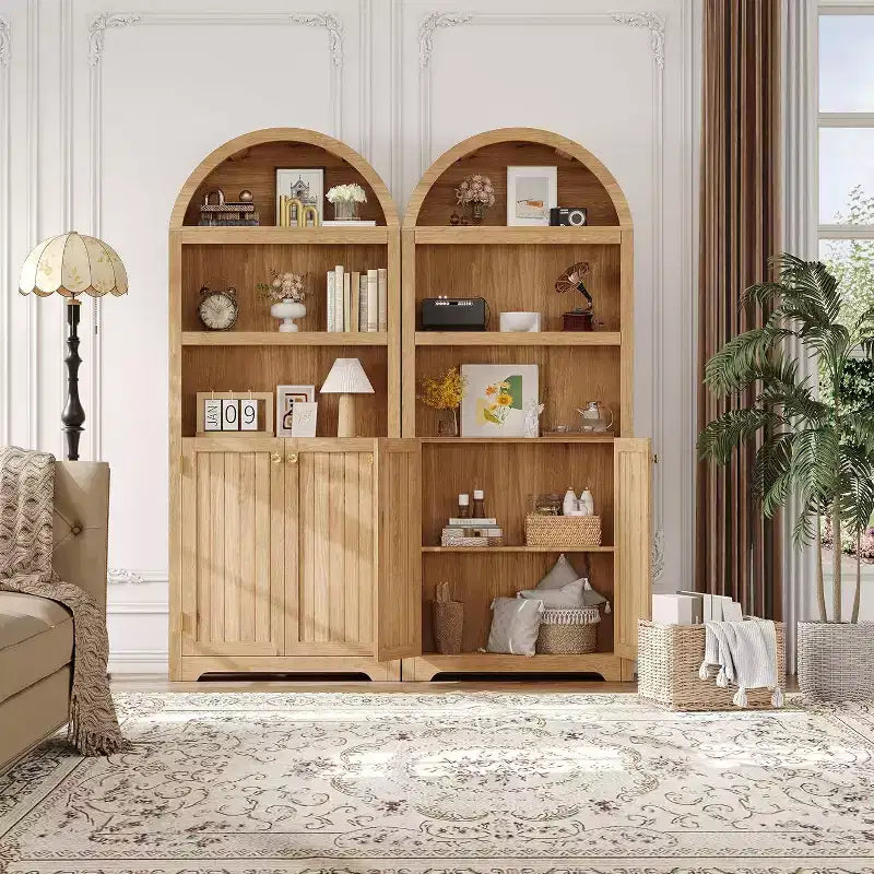 Acekool Armoire haute en bois à dessus cintré, bibliothèque à 5 étagères avec portes, buffet de rangement réglable pour salon et cuisine