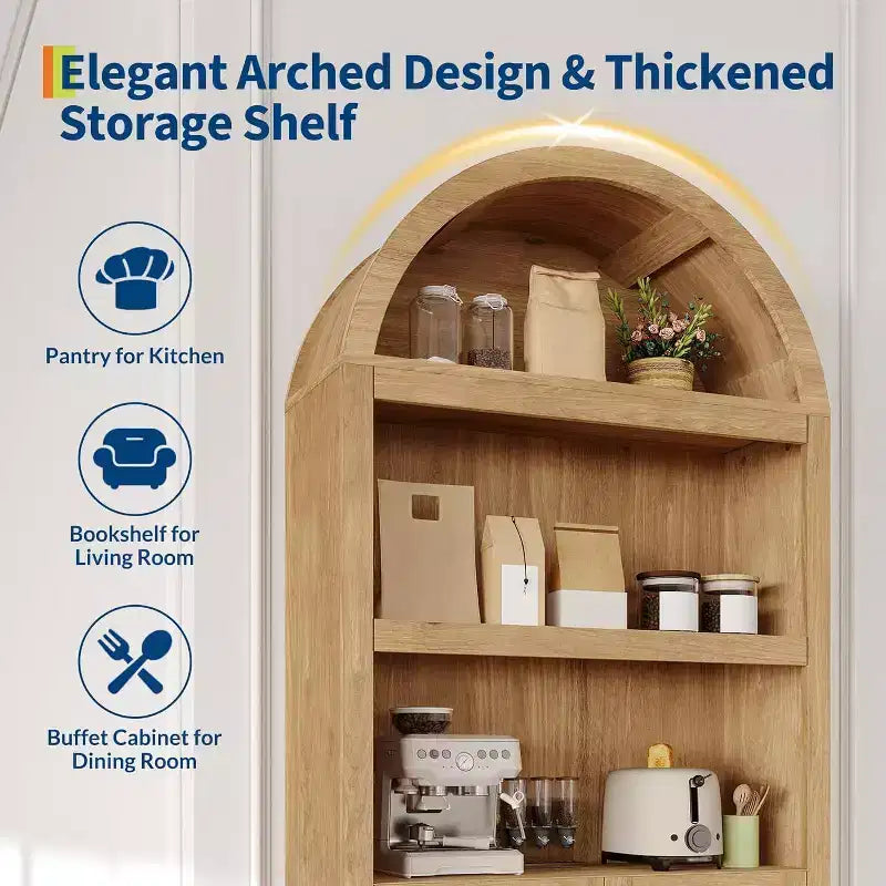 Acekool Armoire haute en bois à dessus cintré, bibliothèque à 5 étagères avec portes, buffet de rangement réglable pour salon et cuisine