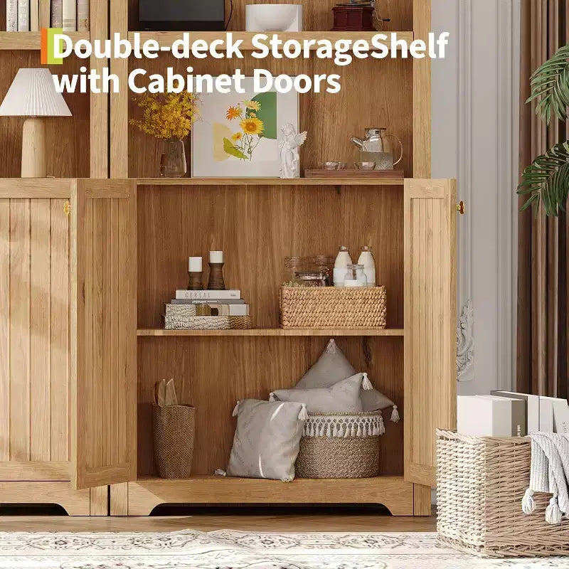 Acekool Armoire haute en bois à dessus cintré, bibliothèque à 5 étagères avec portes, buffet de rangement réglable pour salon et cuisine