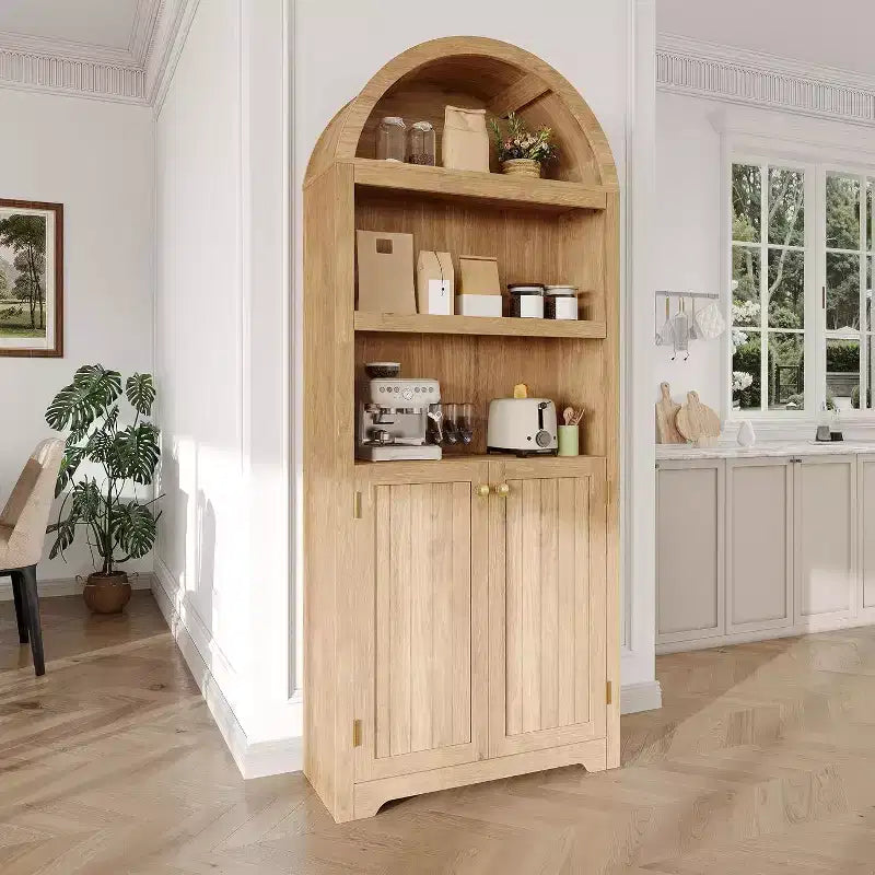 Acekool Armoire haute en bois à dessus cintré, bibliothèque à 5 étagères avec portes, buffet de rangement réglable pour salon et cuisine
