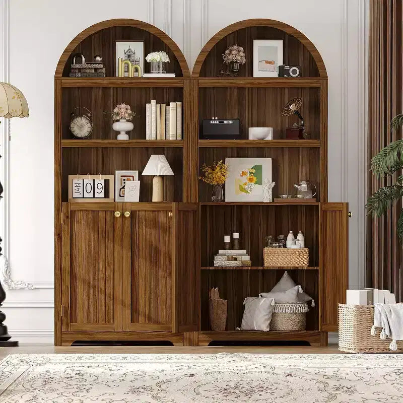 Acekool Armoire haute en bois à dessus cintré, bibliothèque à 5 étagères avec portes, buffet de rangement réglable pour salon et cuisine