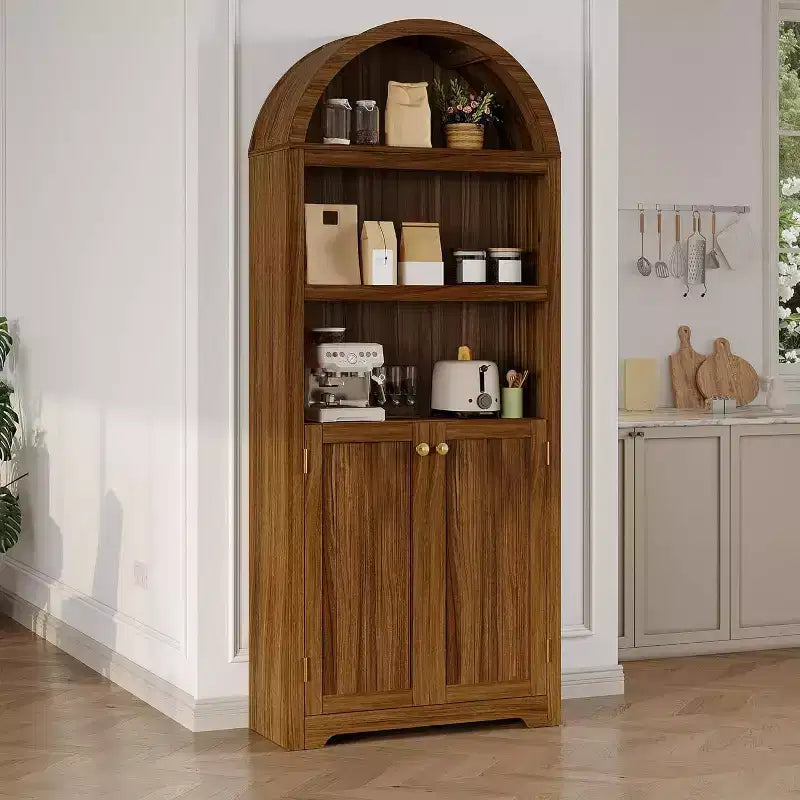 Acekool Armoire haute en bois à dessus cintré, bibliothèque à 5 étagères avec portes, buffet de rangement réglable pour salon et cuisine