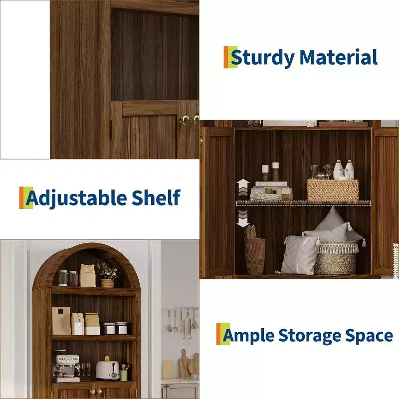 Acekool Armoire haute en bois à dessus cintré, bibliothèque à 5 étagères avec portes, buffet de rangement réglable pour salon et cuisine