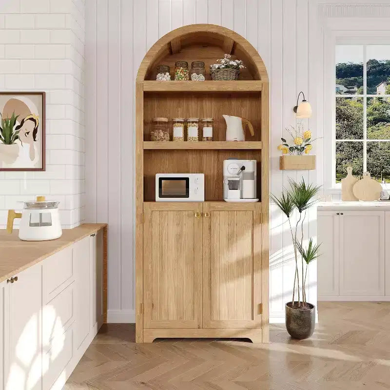 Acekool Armoire haute en bois à dessus cintré, bibliothèque à 5 étagères avec portes, buffet de rangement réglable pour salon et cuisine