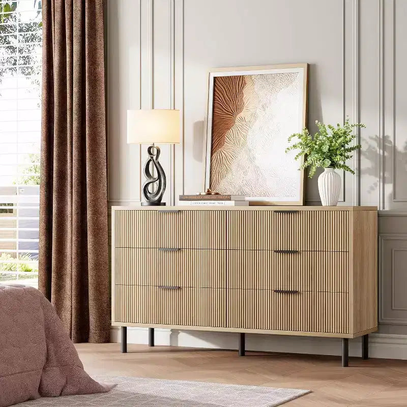 COZONY Commode à 6 tiroirs 59, Meuble cannelé moderne avec poignées métalliques, Rangement en bois pour chambre/salon