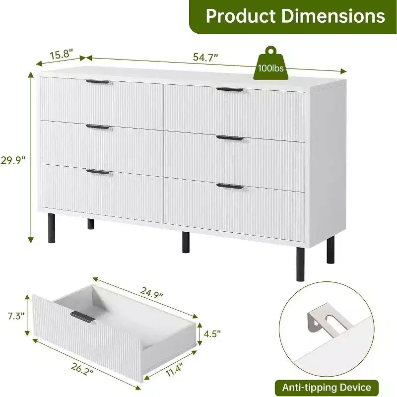 COZONY Commode à 6 tiroirs 59, Meuble cannelé moderne avec poignées métalliques, Rangement en bois pour chambre/salon