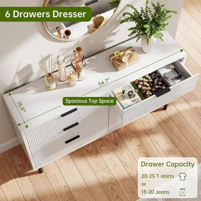 COZONY Commode à 6 tiroirs 59, Meuble cannelé moderne avec poignées métalliques, Rangement en bois pour chambre/salon