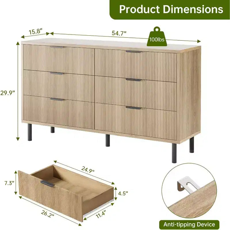 COZONY Commode à 6 tiroirs 59, Meuble cannelé moderne avec poignées métalliques, Rangement en bois pour chambre/salon