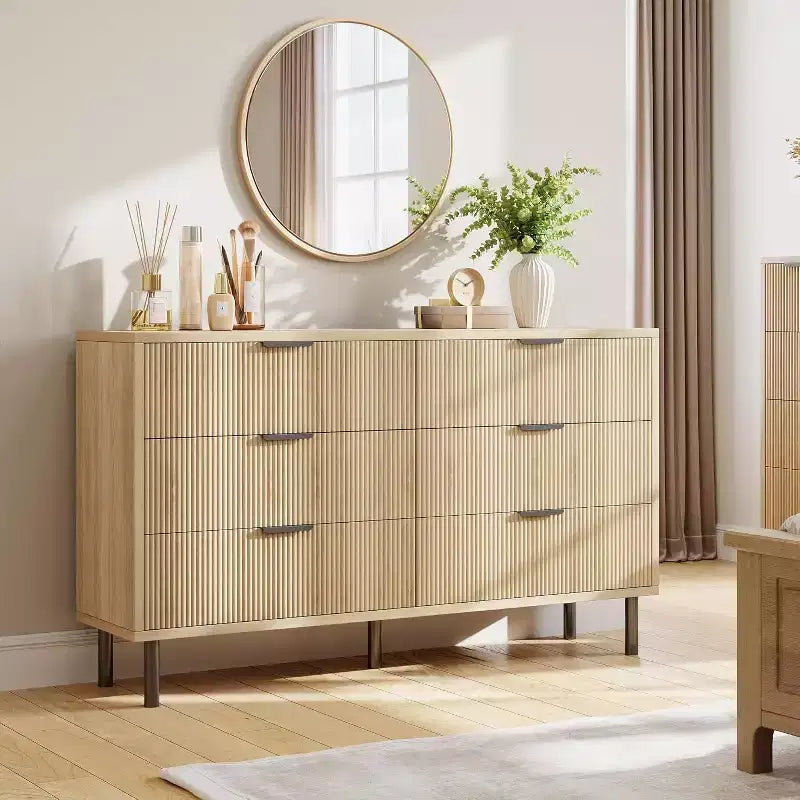 COZONY Commode à 6 tiroirs 59, Meuble cannelé moderne avec poignées métalliques, Rangement en bois pour chambre/salon