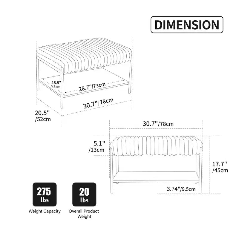 Ottoman rembourré de 30,7 po de large, banc de chambre pour le pied de lit, tabouret repose-pieds avec étagère de rangement ouverte pour couloir, salon, chambre à coucher