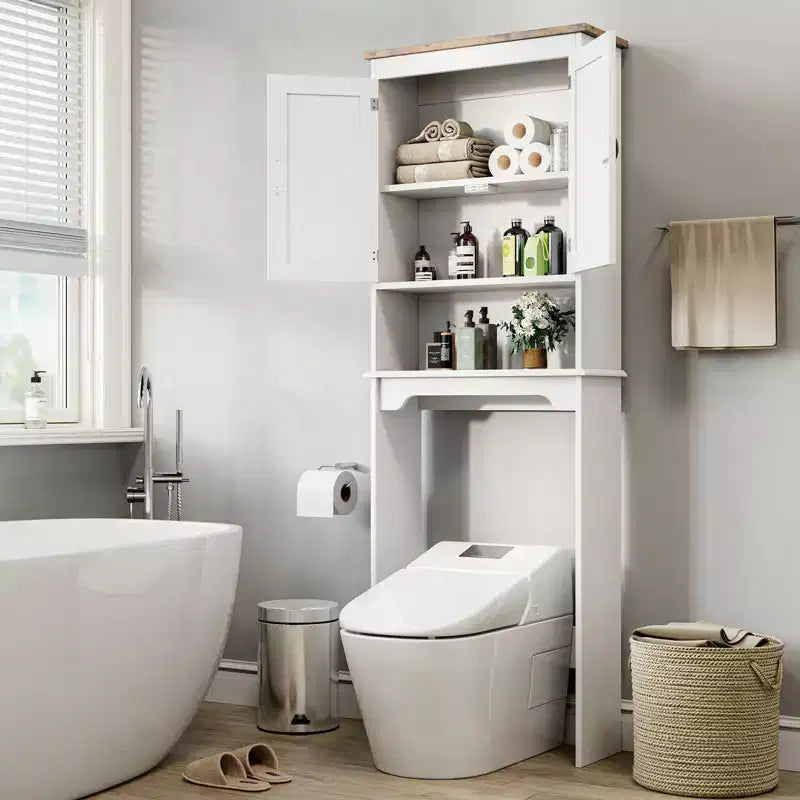 Meuble de Rangement au-dessus des Toilettes, Organisateur de Salle de Bain 167 cm de Haut avec Doubles Portes et Étagères Réglables, Étagère de Toilettes Autonome