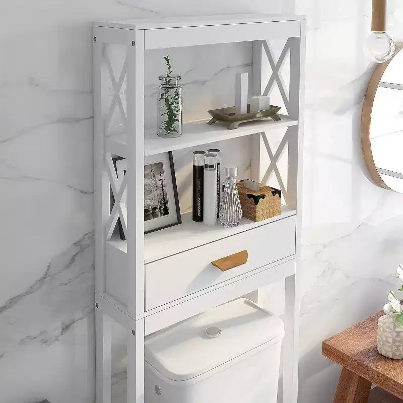 Meuble de rangement de salle de bain Acekool sur les toilettes, organiseur autoportant avec 1 tiroir et 2 étagères ouvertes, blanc