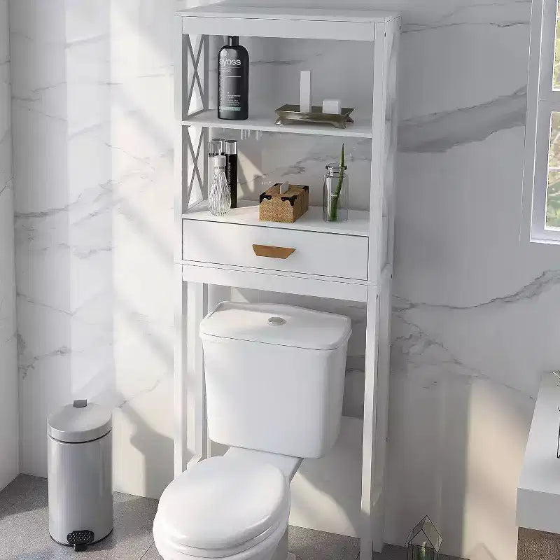 Meuble de rangement de salle de bain Acekool sur les toilettes, organiseur autoportant avec 1 tiroir et 2 étagères ouvertes, blanc