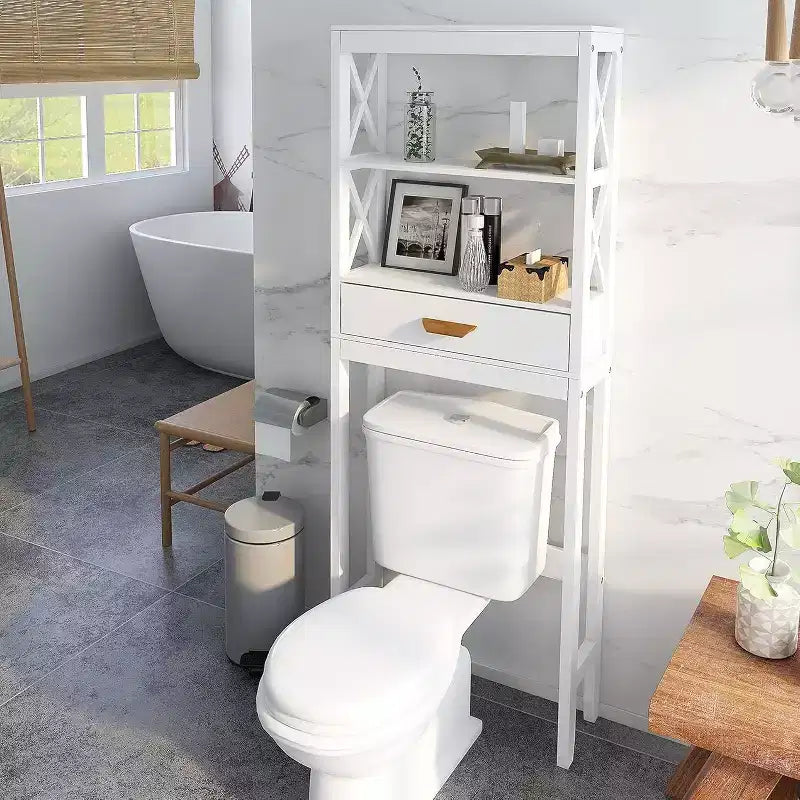 Meuble de rangement de salle de bain Acekool sur les toilettes, organiseur autoportant avec 1 tiroir et 2 étagères ouvertes, blanc