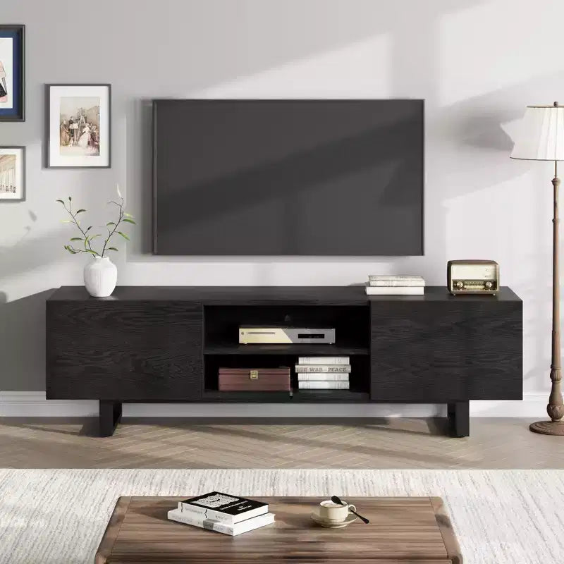 Meuble TV industriel TROPOW pour téléviseur 80 pouces, centre de divertissement moderne avec 2 tiroirs, meuble multimédia en bois, console TV, noir