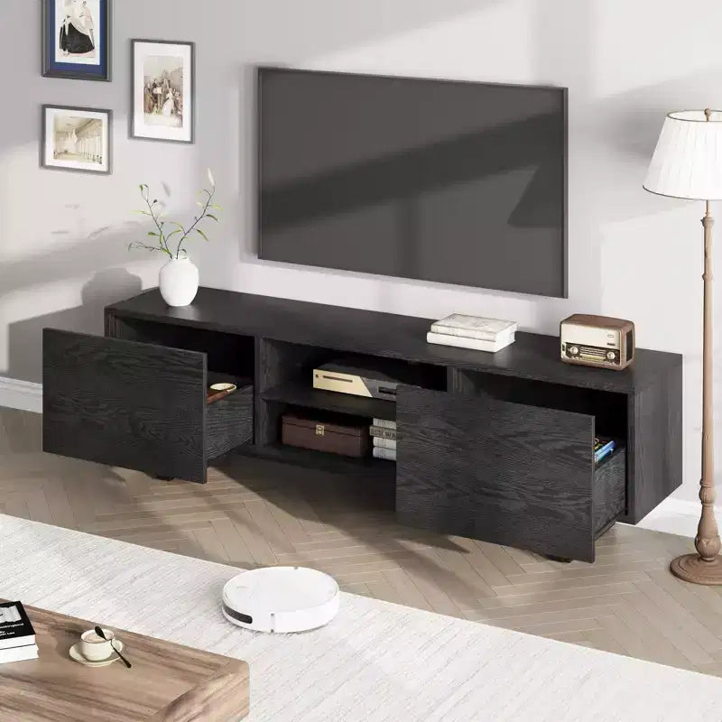Meuble TV industriel TROPOW pour téléviseur 80 pouces, centre de divertissement moderne avec 2 tiroirs, meuble multimédia en bois, console TV, noir