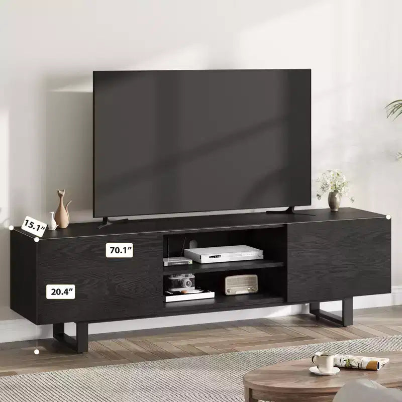 Meuble TV industriel TROPOW pour téléviseur 80 pouces, centre de divertissement moderne avec 2 tiroirs, meuble multimédia en bois, console TV, noir