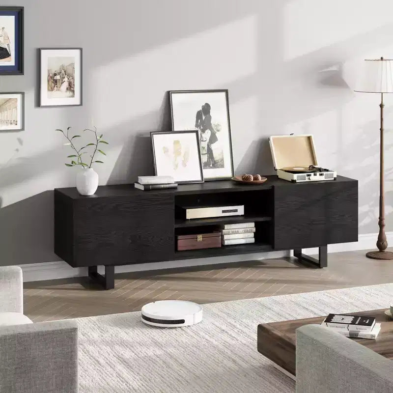 Meuble TV industriel TROPOW pour téléviseur 80 pouces, centre de divertissement moderne avec 2 tiroirs, meuble multimédia en bois, console TV, noir