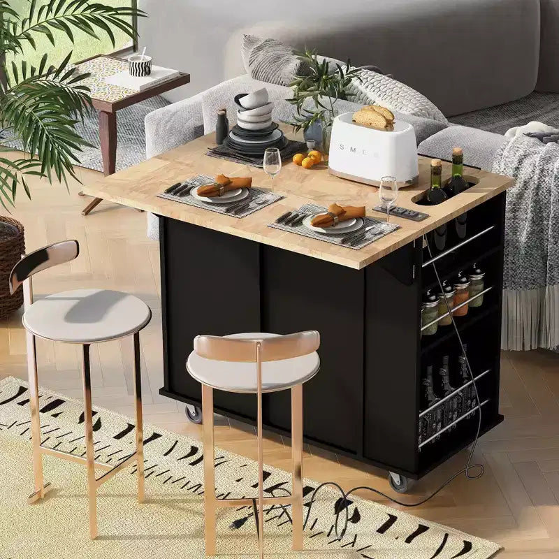 Îlot de cuisine MAYEERTY avec prise électrique, abattant, casier à vin en bois d'hévéa, 5 roulettes, rangement réglable pour salle à manger et maison, noir