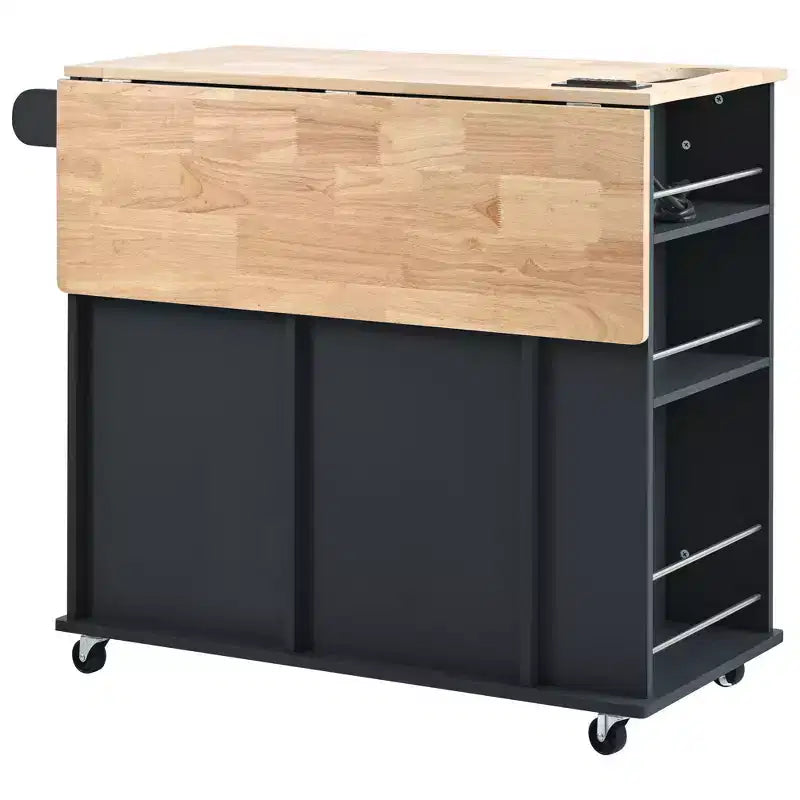 Îlot de cuisine MAYEERTY avec prise électrique, abattant, casier à vin en bois d'hévéa, 5 roulettes, rangement réglable pour salle à manger et maison, noir