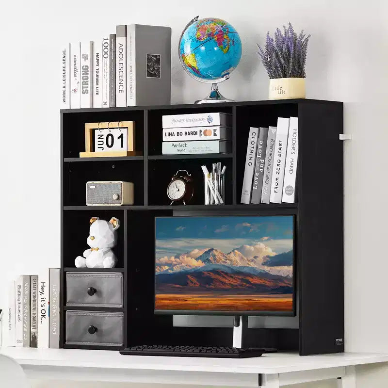 Étagère de bureau VEVOR, Organisateur de rangement de bureau à 3 niveaux, Étagère de rangement de bureau en bois 37 x 10 x 31,1, Meuble de rangement supérieur pour bureau, Noir