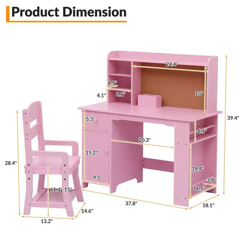 Ensemble bureau et chaise d'étude pour enfants garçons et filles, table d'écriture en bois pour enfants avec étagère, tableau d'affichage, armoire et tiroir pour 3-8 ans, rose