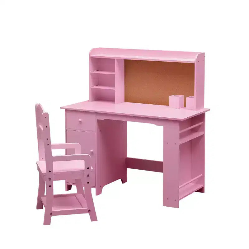 Ensemble bureau et chaise d'étude pour enfants garçons et filles, table d'écriture en bois pour enfants avec étagère, tableau d'affichage, armoire et tiroir pour 3-8 ans, rose