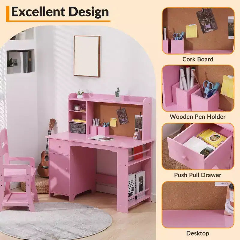 Ensemble bureau et chaise d'étude pour enfants garçons et filles, table d'écriture en bois pour enfants avec étagère, tableau d'affichage, armoire et tiroir pour 3-8 ans, rose