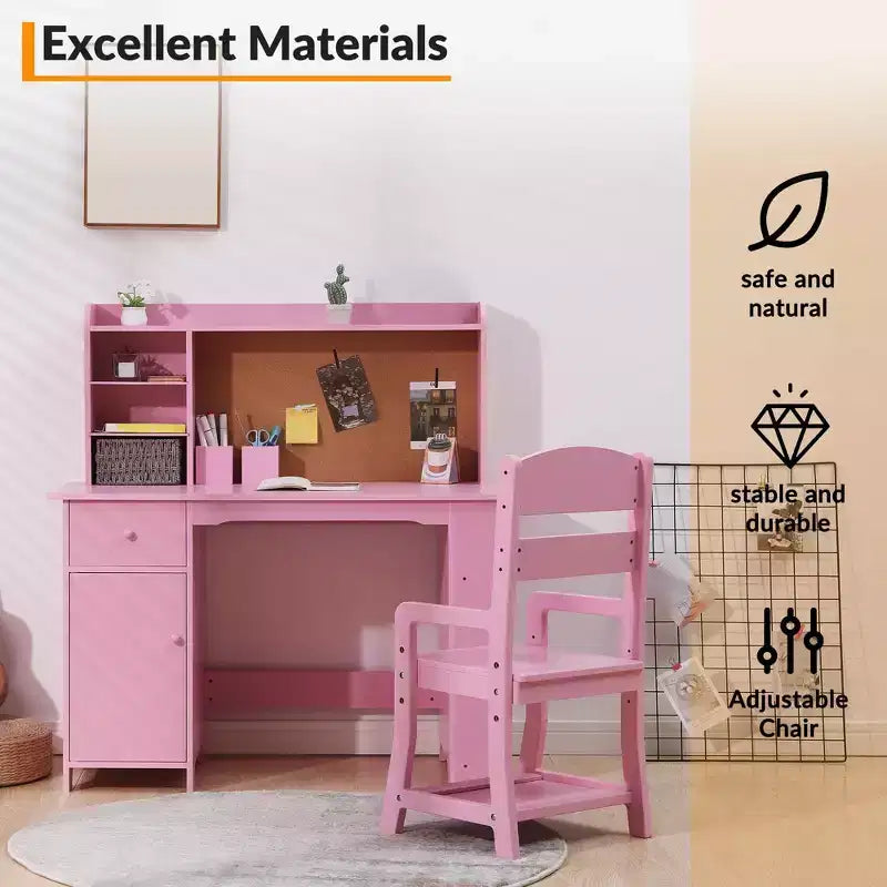 Ensemble bureau et chaise d'étude pour enfants garçons et filles, table d'écriture en bois pour enfants avec étagère, tableau d'affichage, armoire et tiroir pour 3-8 ans, rose
