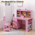 Ensemble bureau et chaise d'étude pour enfants garçons et filles, table d'écriture en bois pour enfants avec étagère, tableau d'affichage, armoire et tiroir pour 3-8 ans, rose