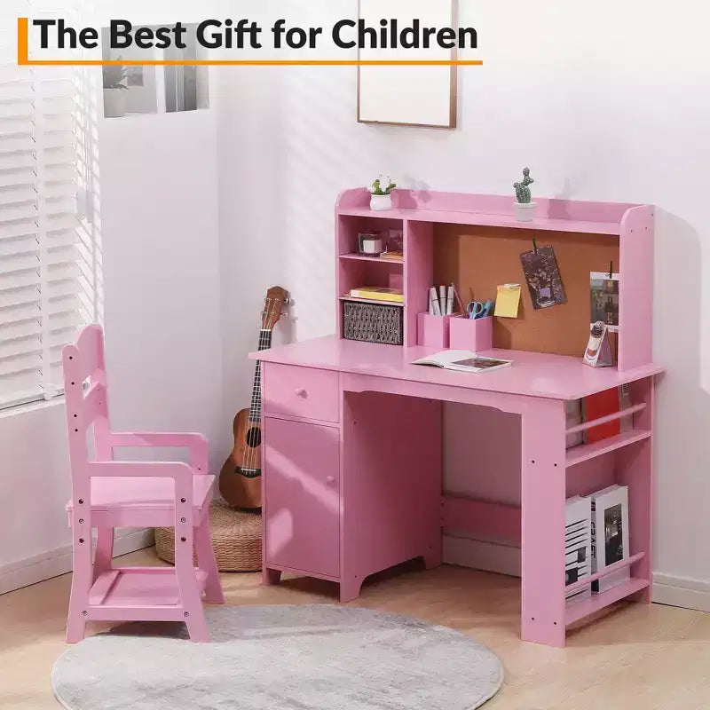 Ensemble bureau et chaise d'étude pour enfants garçons et filles, table d'écriture en bois pour enfants avec étagère, tableau d'affichage, armoire et tiroir pour 3-8 ans, rose