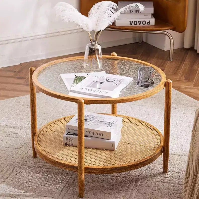 Double-Layered Round Water Ripple Glass and PE Rattan Tabletop Matched with Heat Transfer Wood Grain Iron Frame Coffee Table