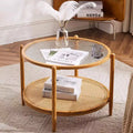 Double-Layered Round Water Ripple Glass and PE Rattan Tabletop Matched with Heat Transfer Wood Grain Iron Frame Coffee Table