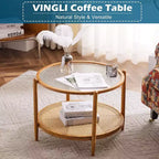 Table basse avec plateau rond en verre à double ondulation et rotin PE assorti à une structure en fer à transfert thermique effet bois