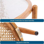 Table basse avec plateau rond en verre à double ondulation et rotin PE assorti à une structure en fer à transfert thermique effet bois