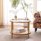 Table basse avec plateau rond en verre à double ondulation et rotin PE assorti à une structure en fer à transfert thermique effet bois