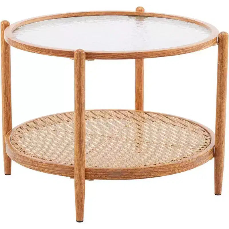 Table basse avec plateau rond en verre à double ondulation et rotin PE assorti à une structure en fer à transfert thermique effet bois