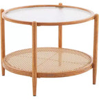 Table basse avec plateau rond en verre à double ondulation et rotin PE assorti à une structure en fer à transfert thermique effet bois
