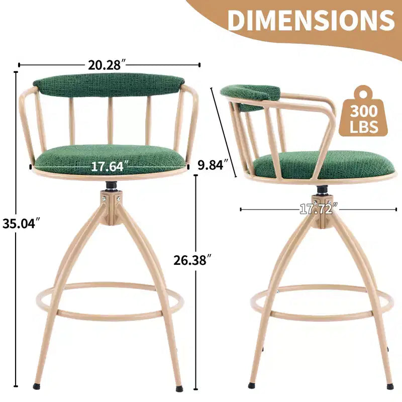 Karl Home Ensemble de 2 tabourets de bar pivotants verts avec assise en toile de jute et pieds en fer revêtu par poudre kaki