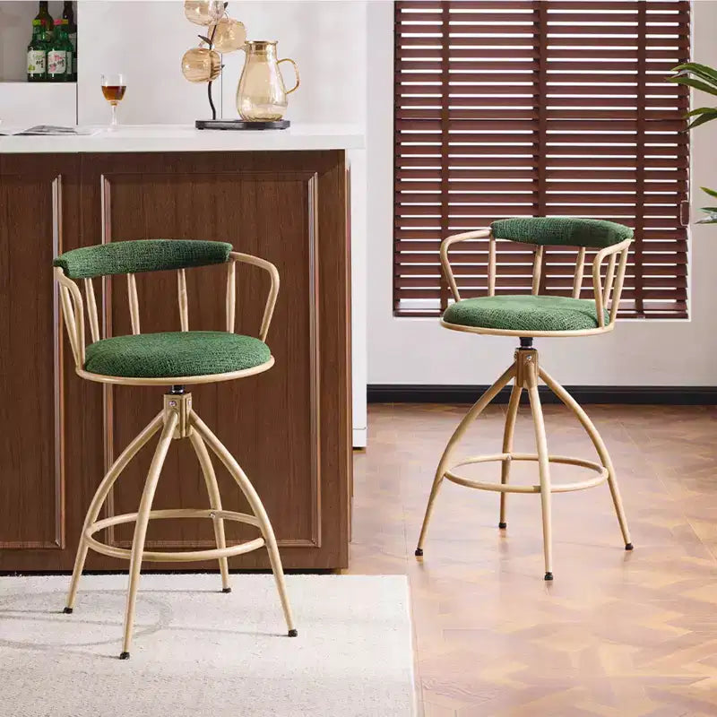 Karl Home Ensemble de 2 tabourets de bar pivotants verts avec assise en toile de jute et pieds en fer revêtu par poudre kaki