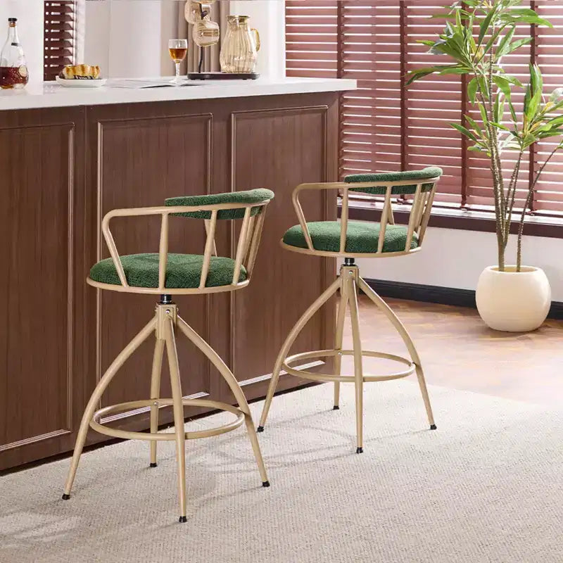 Karl Home Ensemble de 2 tabourets de bar pivotants verts avec assise en toile de jute et pieds en fer revêtu par poudre kaki