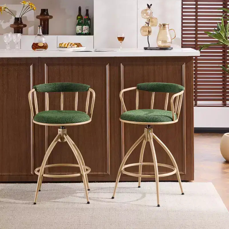 Karl Home Ensemble de 2 tabourets de bar pivotants verts avec assise en toile de jute et pieds en fer revêtu par poudre kaki