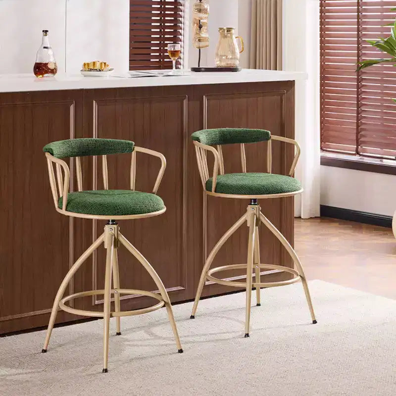 Karl Home Ensemble de 2 tabourets de bar pivotants verts avec assise en toile de jute et pieds en fer revêtu par poudre kaki