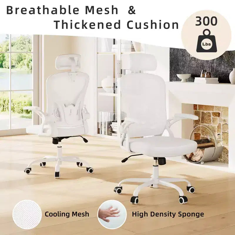 MAYEERTY Chaise de bureau ergonomique - Avec appui-tête, accoudoirs relevables et support lombaire réglable (Blanc)